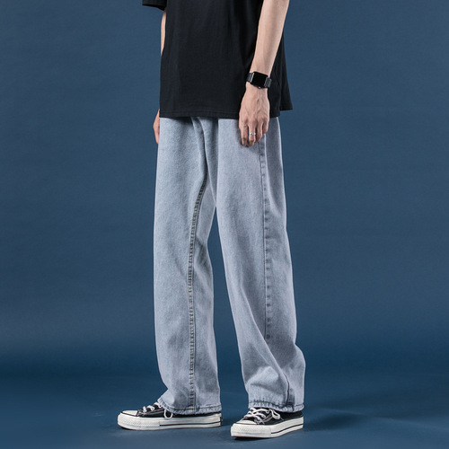 Light-colored men's jeans, trendy straight-leg loose pants, fashionable wide-leg ground-length dad jeans
