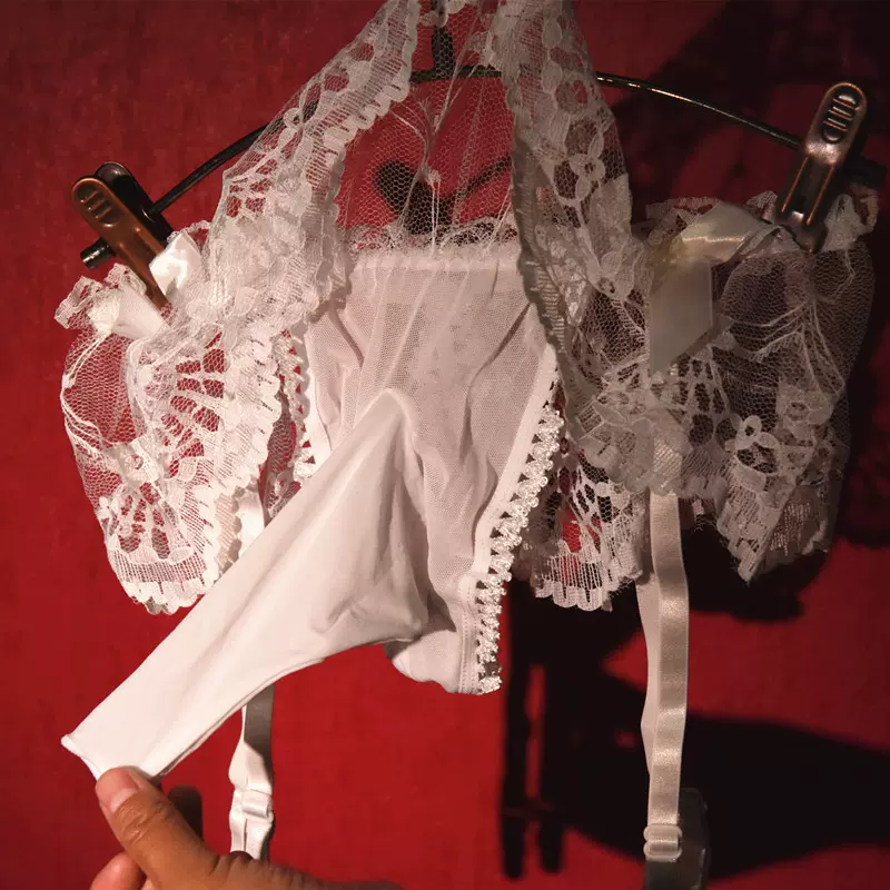 男士性感丁字内裤蕾丝吊带内裤超薄透明低腰伪娘情趣内裤飞机jj套