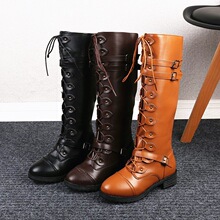 Rivet belt buckle square heels big size lace up women's boot