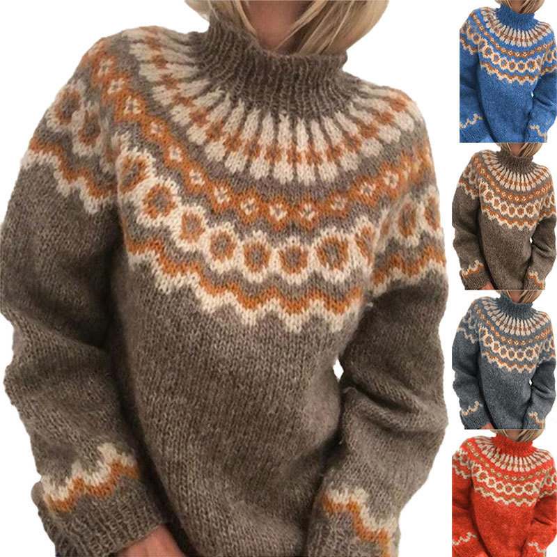 2025 Independent Station Amazon New Sweater European and American Clothing Turtleneck Pullover Thick Needle Jacquard Knitted Sweater for Women 2025 Independent Station Amazon New Sweater European and American Clothing Turtleneck Pullover Thick Needle Jacquard Knitted Sweater for Women