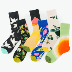 Trendy Plant, Flower, Bird, White Pigeon, Mixed Blossoms & Little Birds Mid-Calf Cotton Trendy Socks – Unisex & Couples' Sock Set