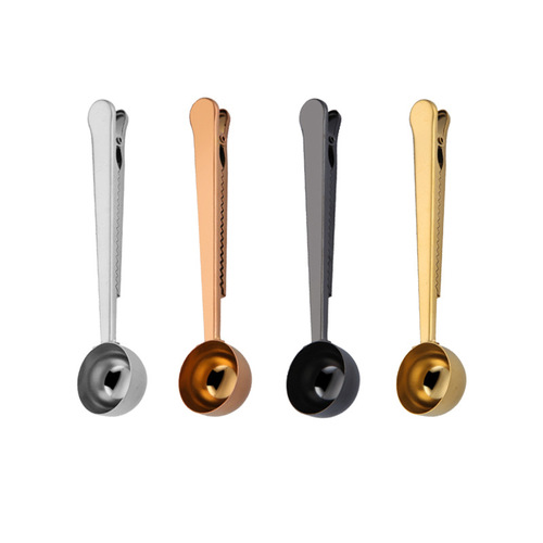 Stainless steel coffee bean spoon clip creative two-in-one measuring spoon with sealed mouth clip brushed matte gold milk powder spoon