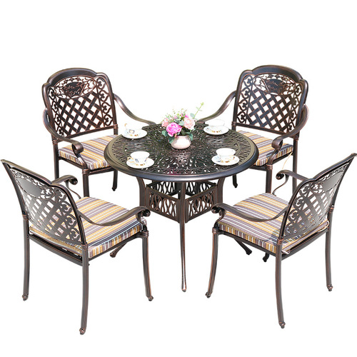 铸铝户外桌椅组合室铸铝圆桌椅子带伞孔铝伞桌椅压铸工艺雕花桌椅