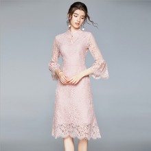 2025秋季新款欧洲站大牌女装蕾丝裙荷叶袖立领勾花镂空蕾丝连衣裙