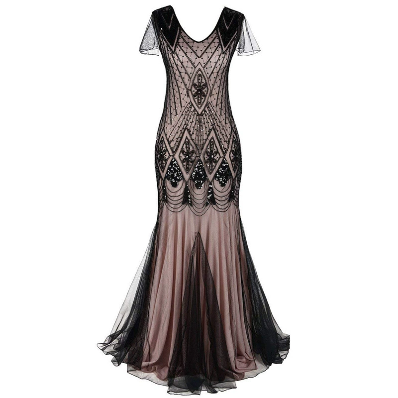 Evening Dress Sequin Retro Plus-Size Gown, Mermaid Tulle Hem, Sizes S–XXXL