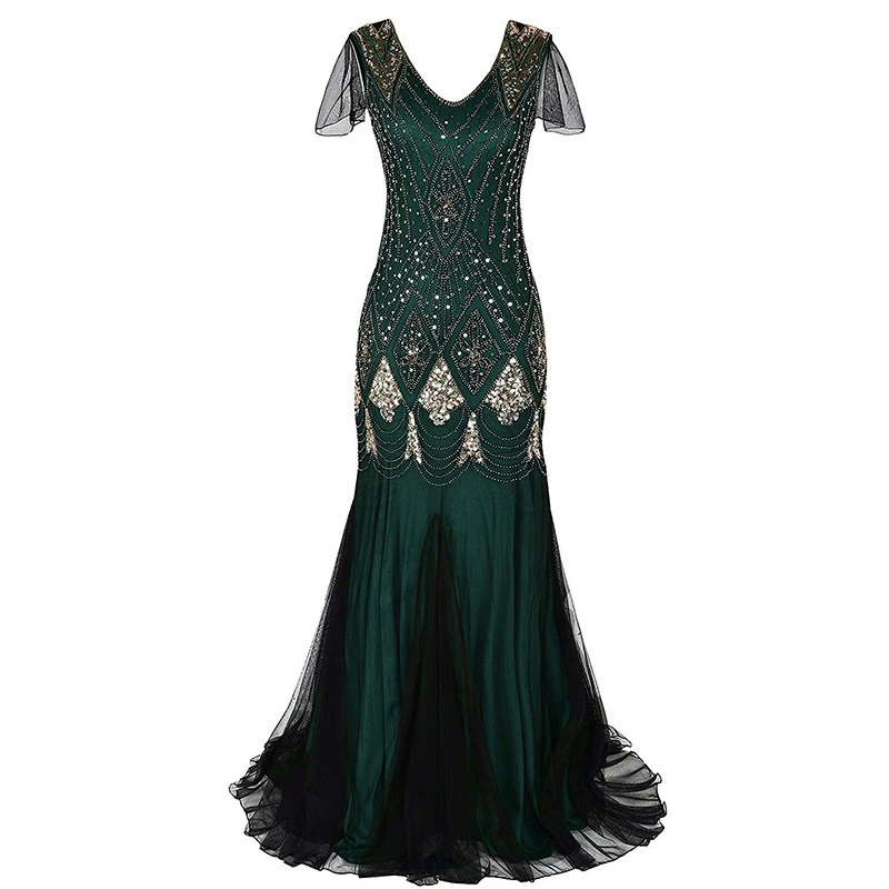 Evening Dress Sequin Retro Plus-Size Gown, Mermaid Tulle Hem, Sizes S–XXXL