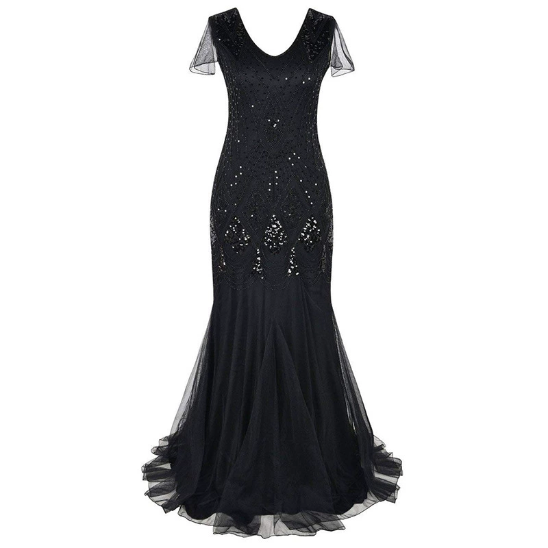 Evening Dress Sequin Retro Plus-Size Gown, Mermaid Tulle Hem, Sizes S–XXXL