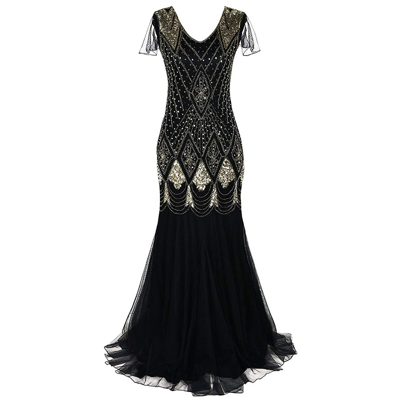 Evening Dress Sequin Retro Plus-Size Gown, Mermaid Tulle Hem, Sizes S–XXXL