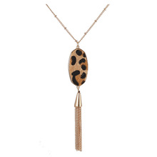 欧美跨境饰品 几何马毛豹纹流苏吊坠长款项链 女士珠链项饰毛衣链