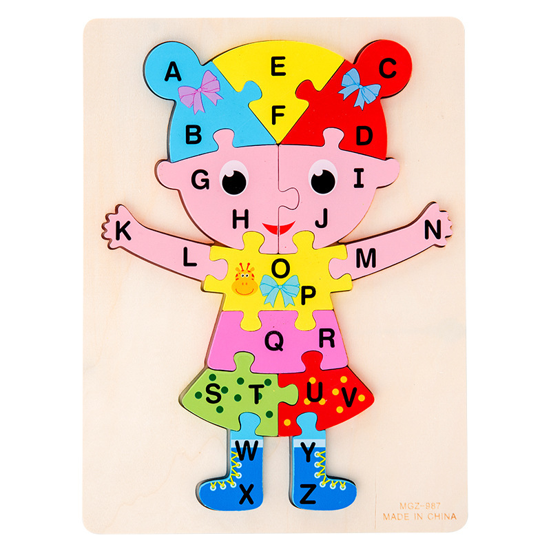 Cruz-frontera niños de madera hebilla animal rompecabezas digital tridimensional 26-Carta rompecabezas educación temprana juguetes educativos al por mayor