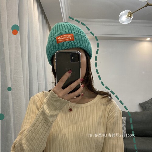 Sweet, cute and cool~Lake blue woolen hat for women, embroidered patch thick woolen hat, winter Korean style knitted hat