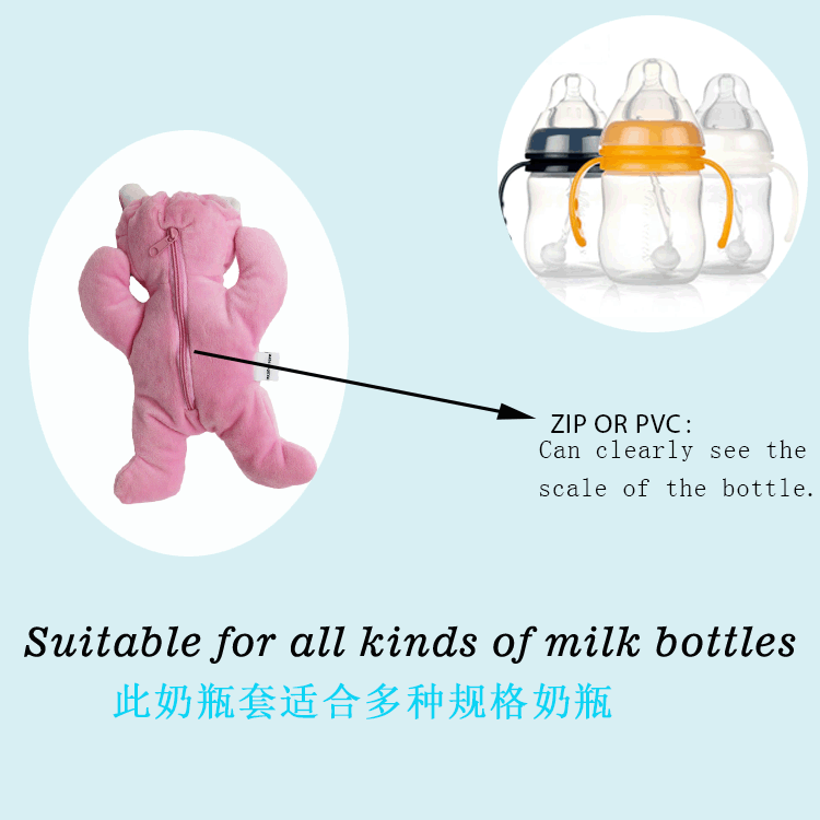 Fabricante en stock Rosa conejo botella de bebé botella de aislamiento cubierta de prensa de bebé juguete de peluche soporte lote mixto