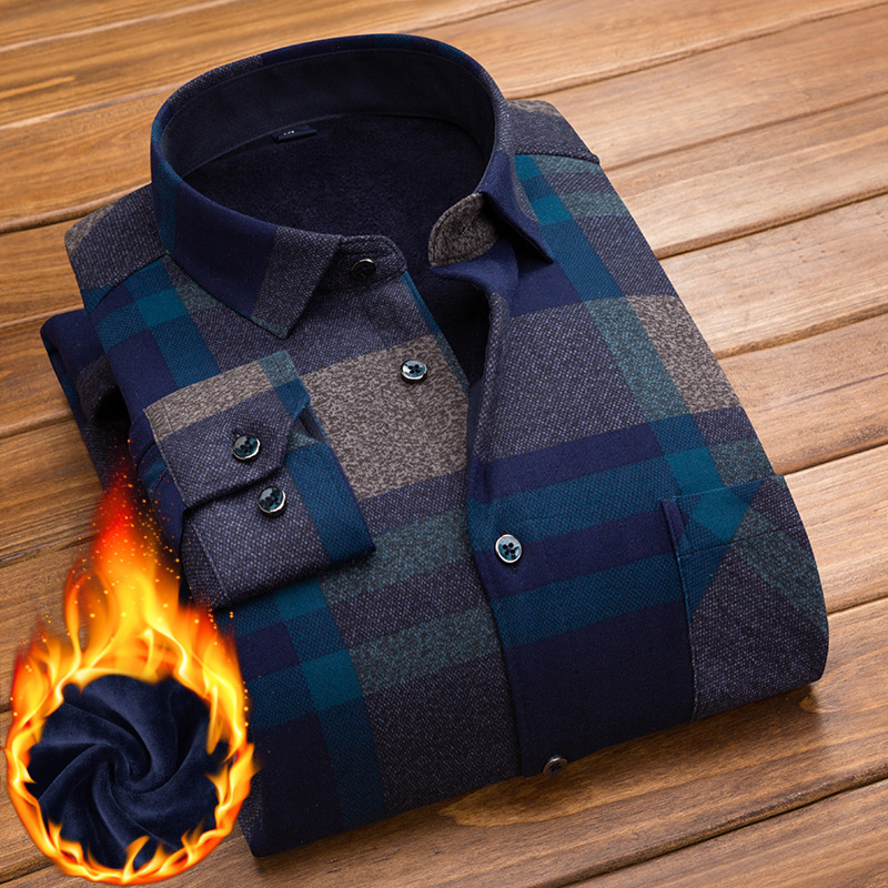 Warm Shirt Men's Long-Sleeved Winter Velvet Thickened Plaid Shirt Middle-Aged Dad's Washed Velvet Winter Shirt for Men