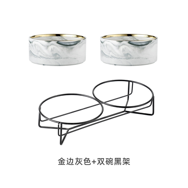 Marbling borde dorado Gris (Tazón doble + Marco de hierro negro)