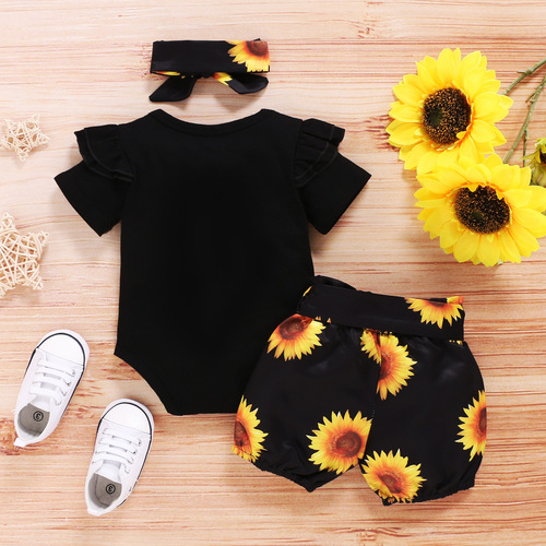 Women's Spring and Autumn Style 2020 New Korean Version Bestselling Letter Print Short-Sleeve Top + Sunflower Short Shorts Three-Piece Set