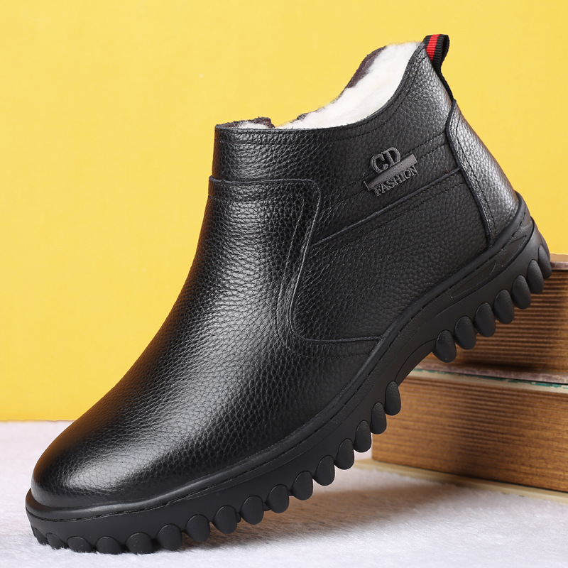 Invierno cuero genuino lana hombres zapatos acolchados de algodón capa superior de piel de vaca de alta-top forrado de lana caliente papá zapatos de cuero más el tamaño 45 zapatos de los hombres 46