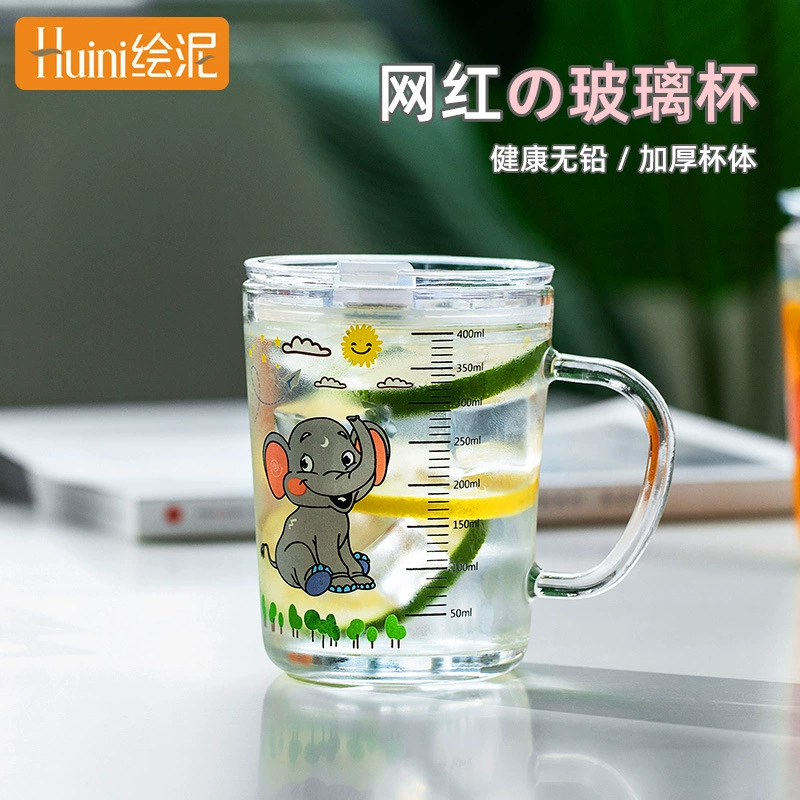 Стакан для воды, стеклянная чашка с ручкой, детская мерная чашка с трубочкой для питья молока, женская чашка для завтрака, креативная кофейная чашка с мультяшным дизайном