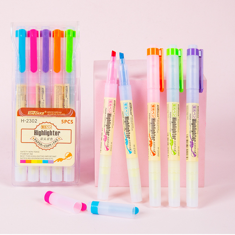 De gran capacidad de doble cabeza resaltador de color pluma de fibra cabeza de secado rápido de dos colores diario pluma 1 juego 5 pluma de marcado de 5 colores