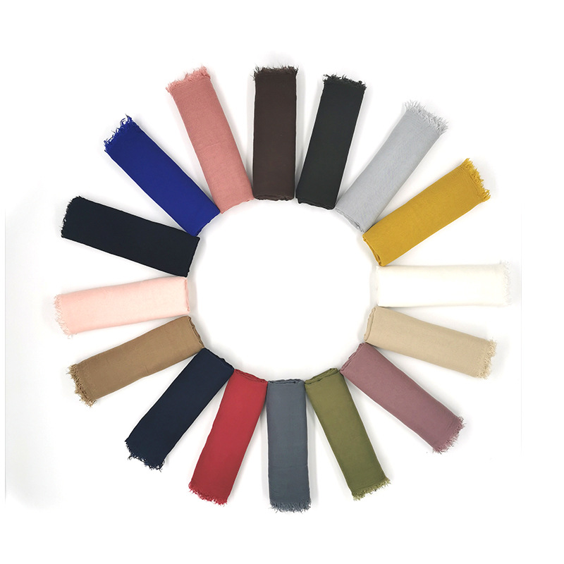 跨境国际站薄款人造棉莫代尔须边纯色棉麻长巾围巾防晒披肩