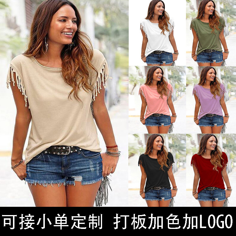 Multi-Color Multi-Size Wish Amazon Ebay Women's European and American Large Size Round Neck Short-Sleeved Tassel Knotted T-Shirt Top Multi-Color Multi-Size Wish Amazon Ebay Women's European and American Large Size Round Neck Short-Sleeved Tassel Knotted T-Shirt Top