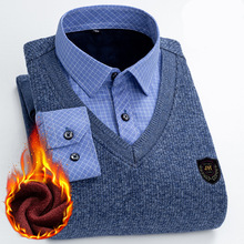 秋冬装男士假两件保暖衬衣爸爸装套头针织加绒加厚衬衫中年男士