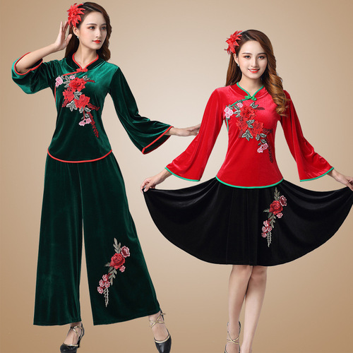 2020 autumn and winter new square dance clothing gold velvet suit middle-aged and elderly ethnic style Yangko fan dance clothing 921
