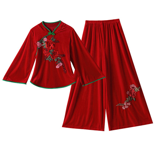 2020 autumn and winter new square dance clothing gold velvet suit middle-aged and elderly ethnic style Yangko fan dance clothing 921
