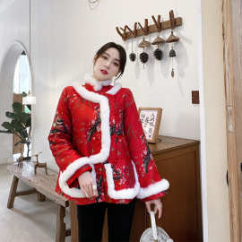 棉衣中国风女装珍珠盘扣汉服旗袍上衣改良版冬式短款新中式