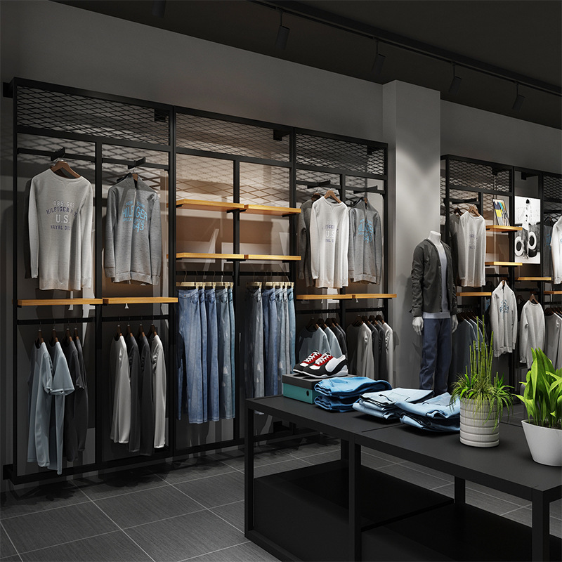 Estantes para tiendas de ropa masculina, expositores de ropa, expositores de ropa de pie y de pared, expositores de pantalones y jeans, perchas de ropa de nuevo estilo.