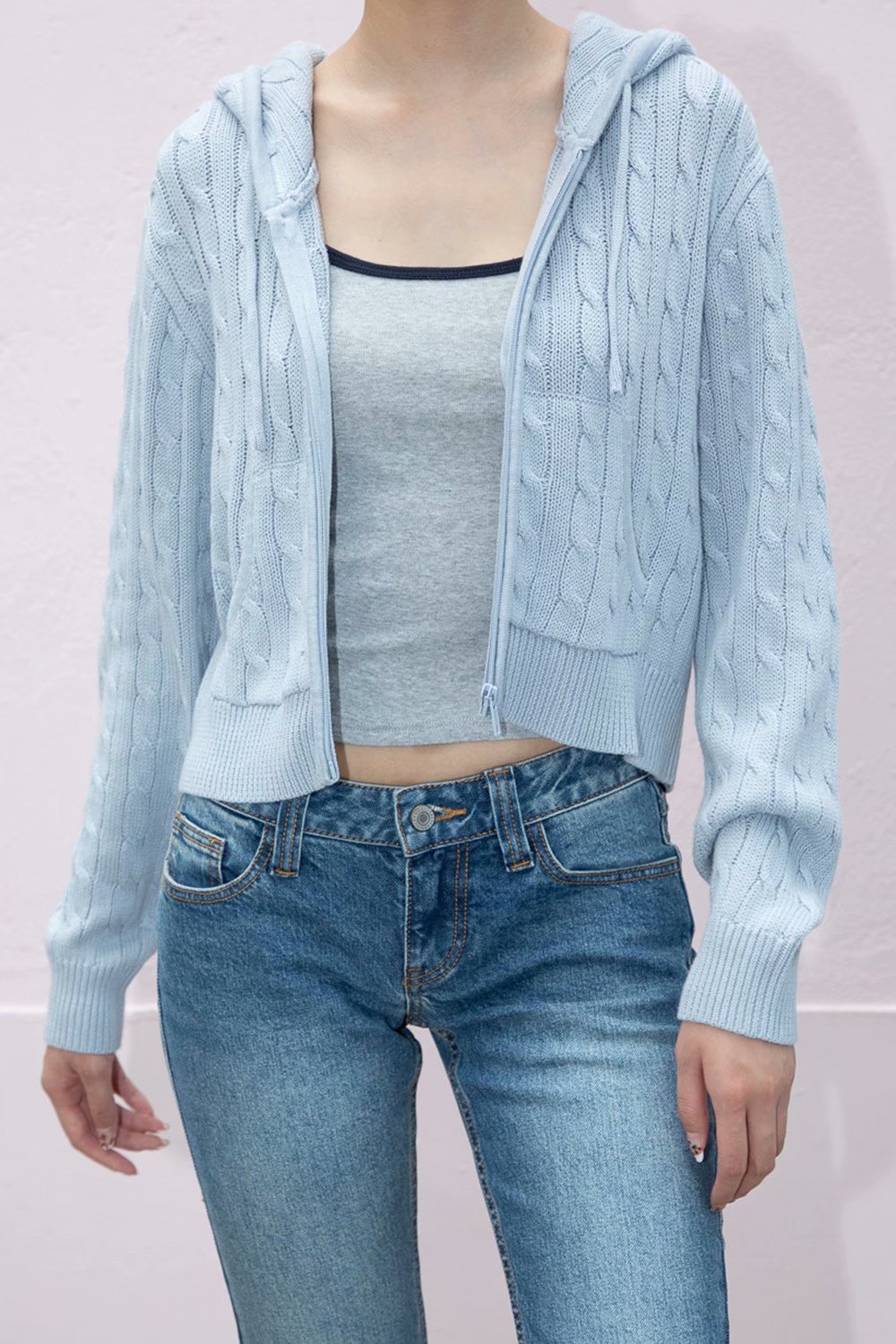 BM风 美式复古短款连帽麻花针织衫上衣女bm毛衣开衫拉链外套