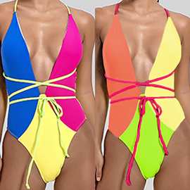 2020新款欧美性感撞色绑带连体外单亚马逊Ebay爆款泳衣女Y1025