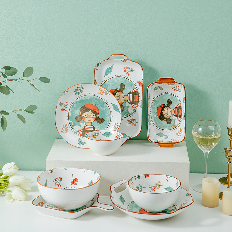 Clearance Sale Nordic Ceramic Tableware Cute Fairy Tale Forest Baked Rice Plate Set Household Japanese-Style Plates and Bowls