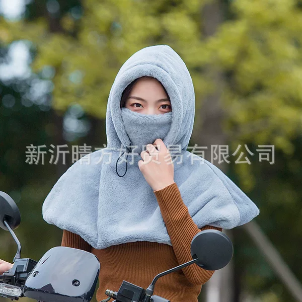 Winter electric car windproof hat female fleece-lined thickened shawl one-piece faux mink velvet face cover hat children warm hat parent-child