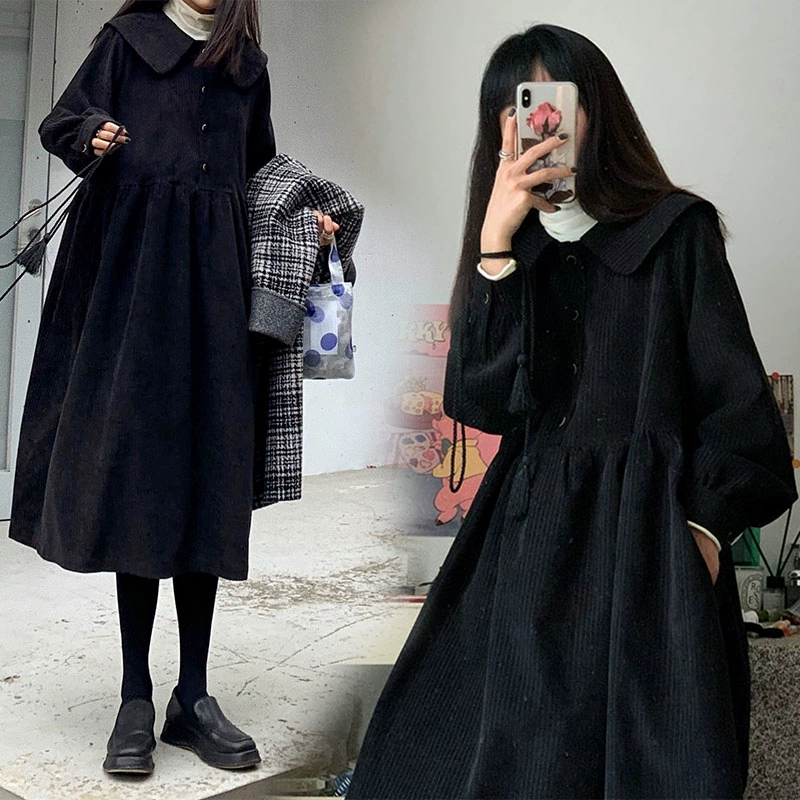 Платье для беременных, новое, весенне-осеннее, вельветовое, с воротником-стойкой, в стиле ретро, с рукавами-фонариками, средней длины до колена, базовое, для повседневной носки