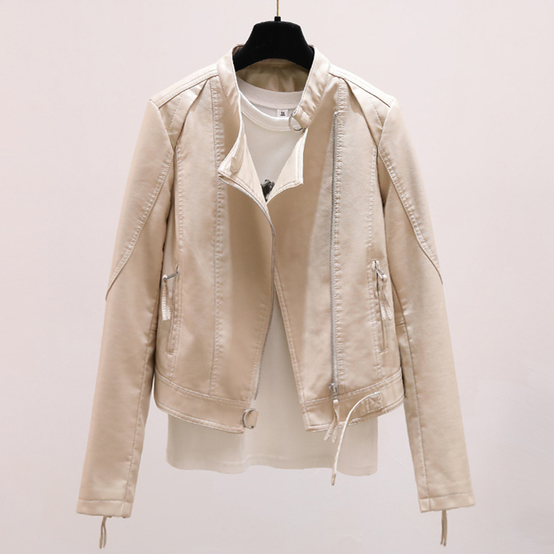 2026 Spring and Autumn New Motorcycle Style Pu Leather Jacket for Women, Simple Short Korean Version Slim Fit Stand Collar Leather Jacket