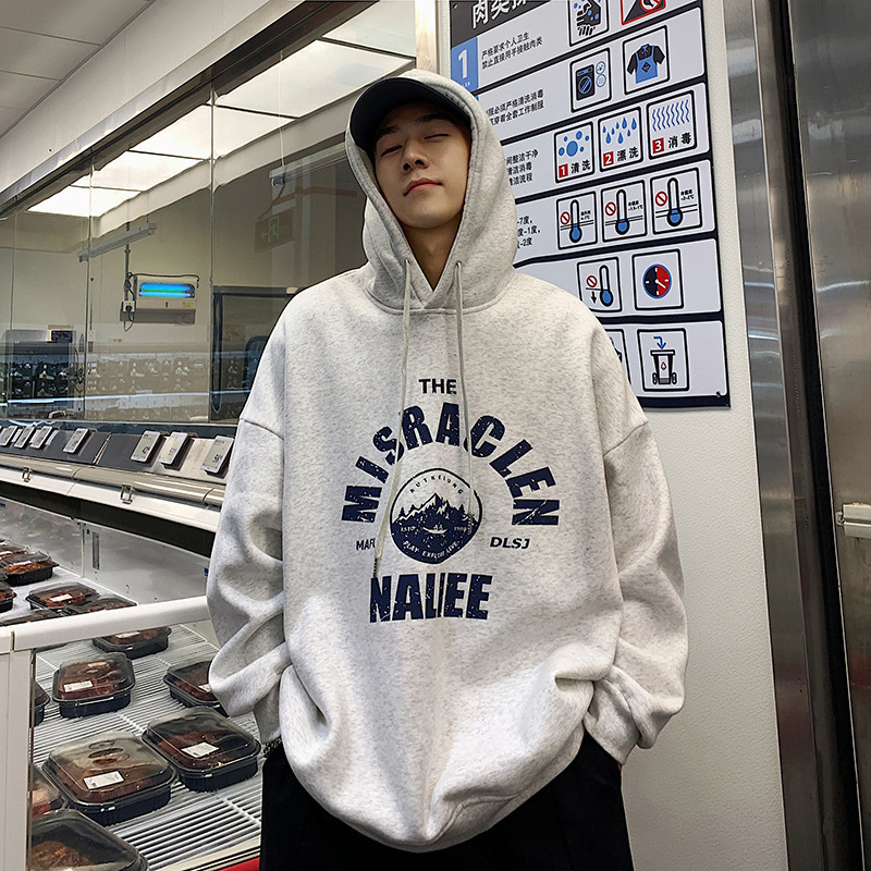 Suéter con capucha de los hombres de otoño suelto todo juego superior estilo coreano de moda forrado de lana ins estilo de Hong Kong CEC chaqueta casual Perezoso