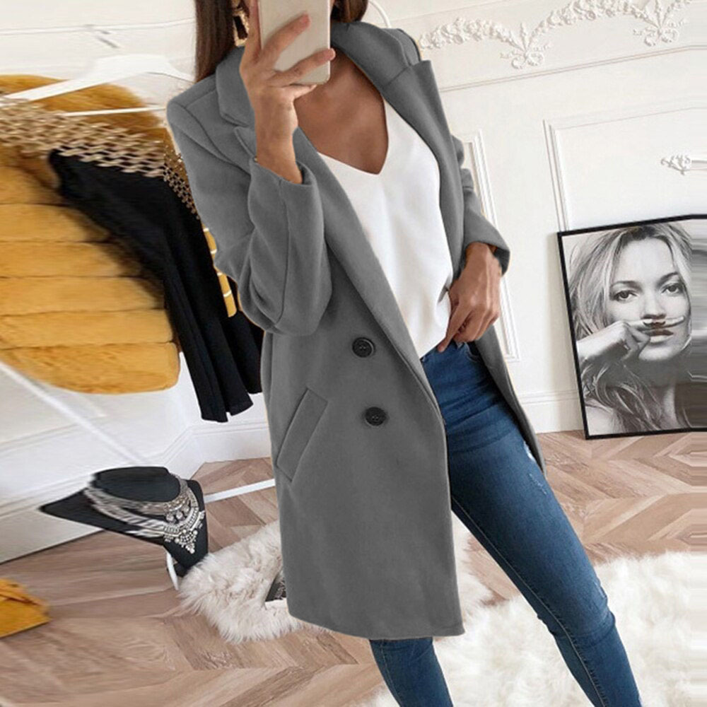 2025 European and American Amazon New Style Wish Solid Color Lapel Mid-Length Button Wool Coat for Women