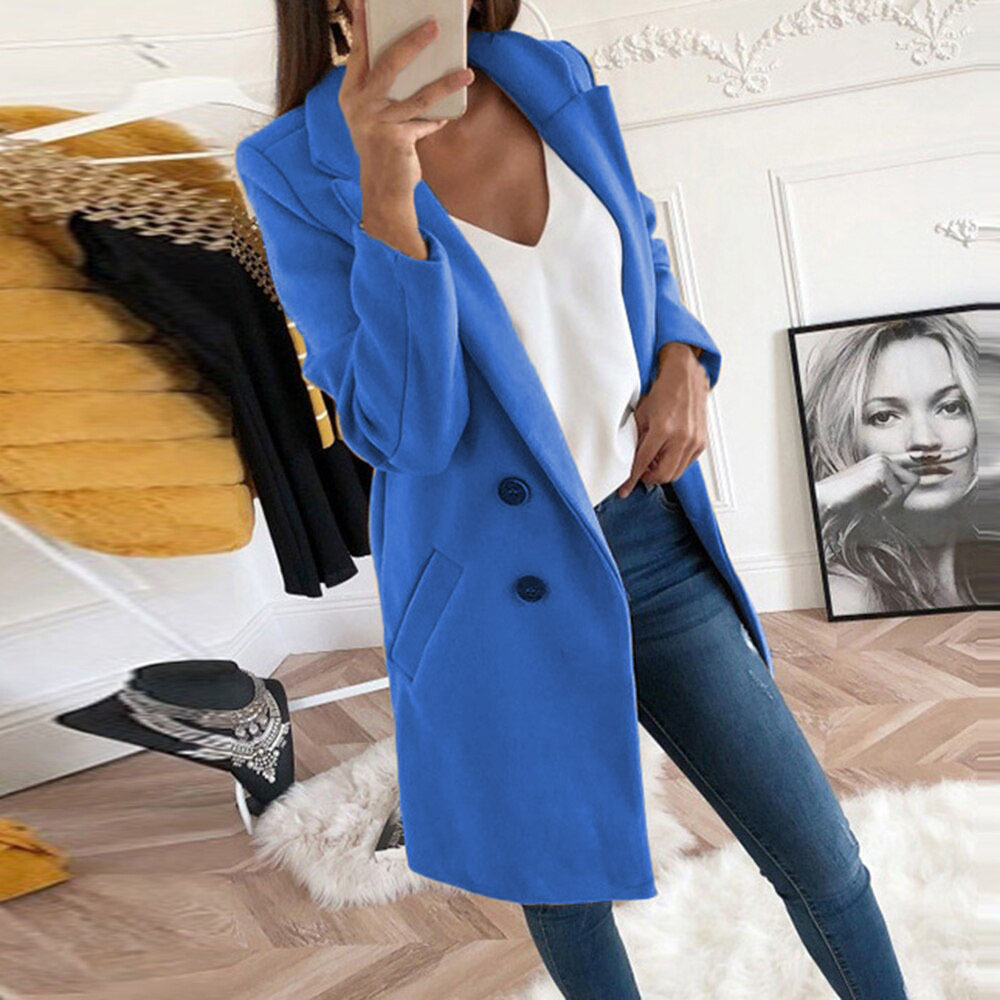 2025 European and American Amazon New Style Wish Solid Color Lapel Mid-Length Button Wool Coat for Women