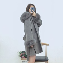 厂家双面羊绒大衣狐狸毛领袖毛圈可脱卸宽松中长款连帽跨境亚马逊