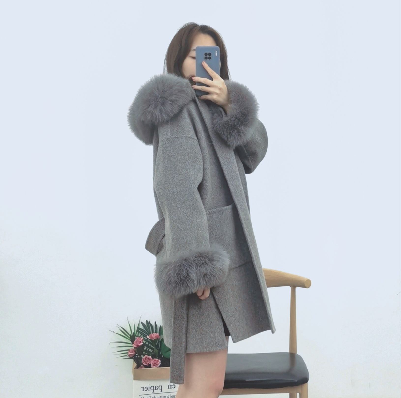 厂家双面羊绒大衣狐狸毛领袖毛圈可脱卸宽松中长款连帽跨境亚马逊