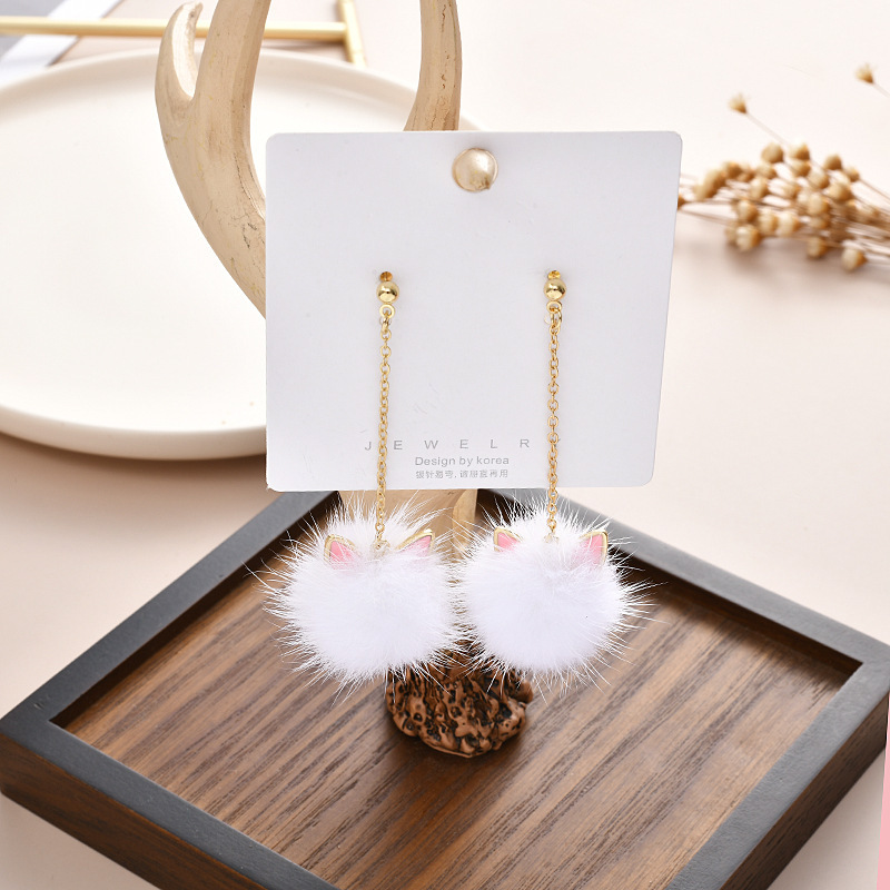 925银针猫耳朵水貂毛球耳环女气质韩国个性百搭长款毛毛耳坠耳钉