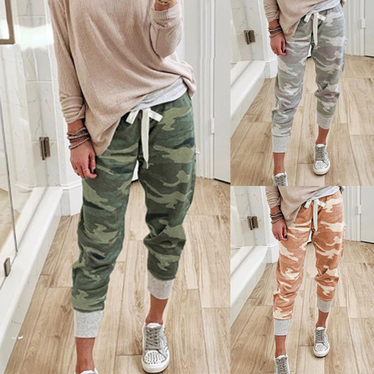 Amazon's New 2025 European and American Women's Pants Camouflage Print Casual Drawstring Jogging Pants for Women