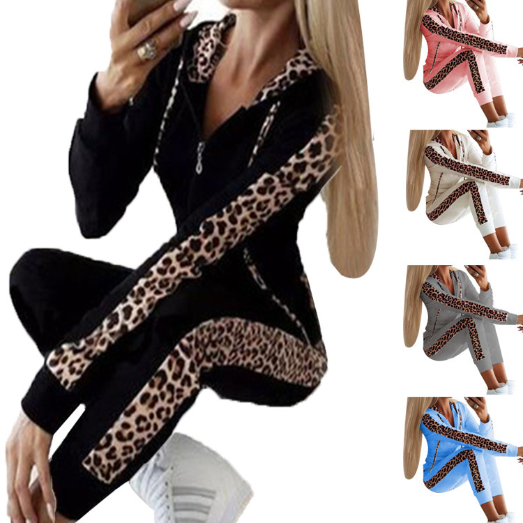 Amazon Cross-Border Wish Hot Selling European and American Autumn and Winter New Leopard Print Long-Sleeved Printed Zipper Sweatshirt Pants Suit for Women