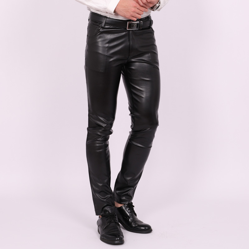 Spring and Summer Korean Style Slim-Fit Leather Pants for Men, Skinny Elastic Trendy Biker Pants for Nightclub