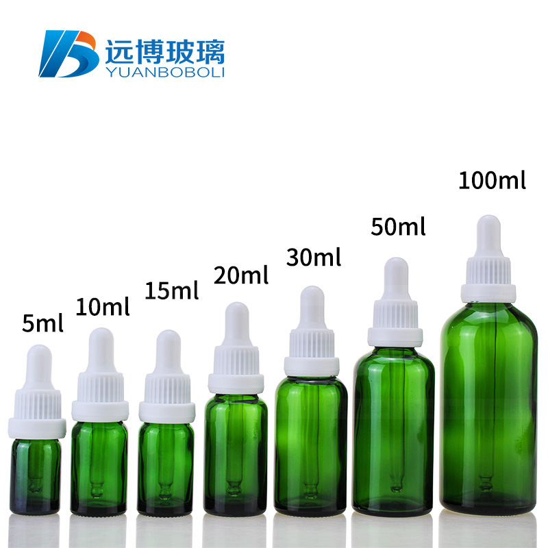 厂家供应 5ml-100ml绿色玻璃瓶 大头圈盖精油瓶 原液分装瓶