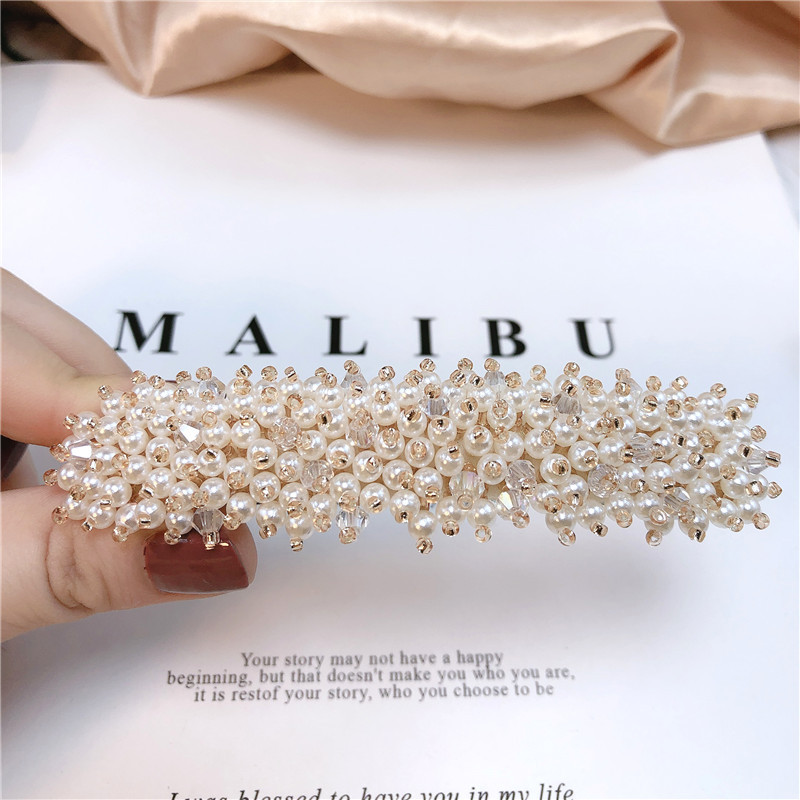 Clip de pelo de cristal de perla coreana, tarjeta de pelo de media banda, clip de resorte rojo, clips de cabeza de niña, toque de cabeza posterior