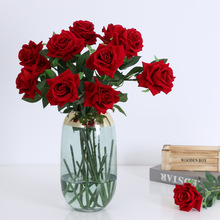 仿真單支卷邊絨布玫瑰歐式婚慶新娘手捧假花家居裝飾人造玫瑰花