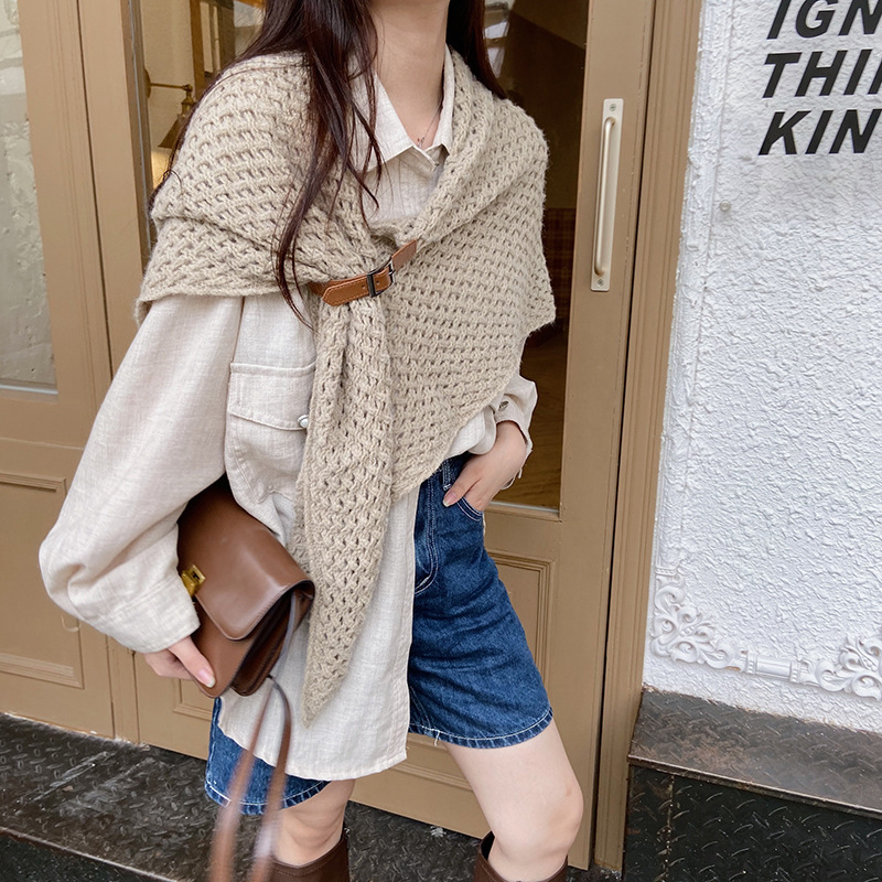 New Korean Style Hollow Leather Buckle Large Triangle Shawl Cloak Solid Color Warm Decorative Scarf Split Large Triangle Scarf Women