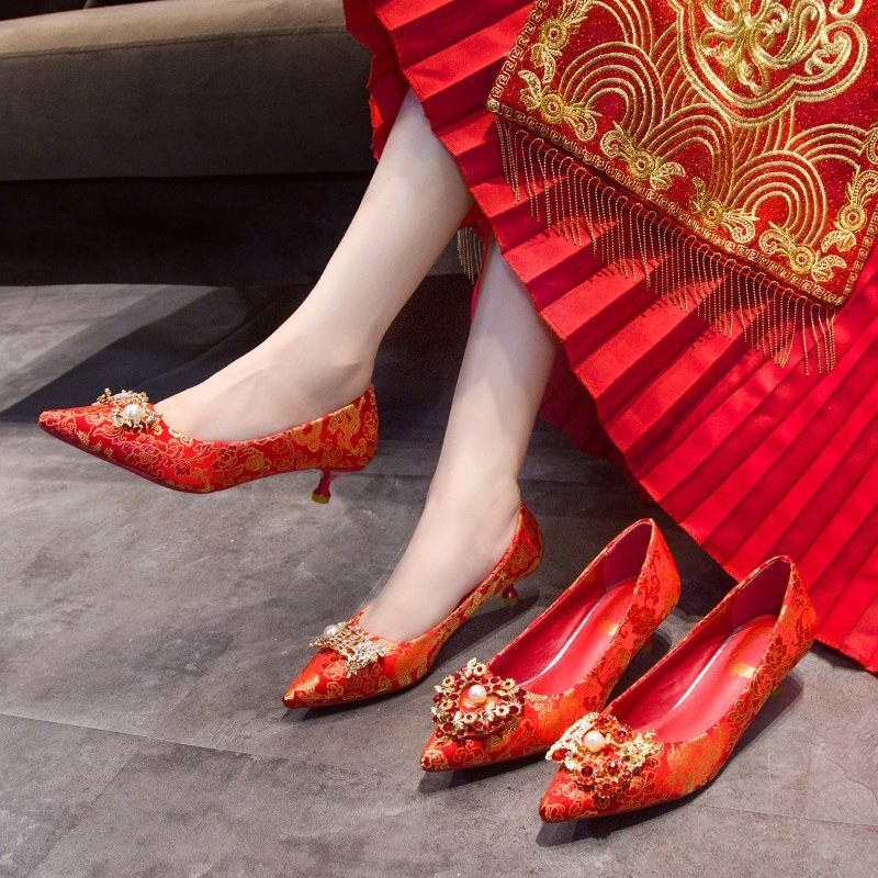 2024 Spring and Autumn Four Seasons Rhinestone Wedding Banquet Women's Low-cut Pointed Toe Red Dark Pattern Stiletto High Heels Plaid Kpop