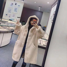 新款女仿兔毛大衣宽松长款大衣大码连帽外套加厚保暖女毛绒大衣